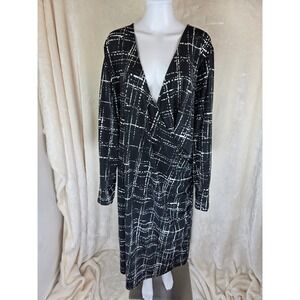 Ulla Popken Womens Plus Size 28/30 Black White Grid Faux Wrap Dress NWT